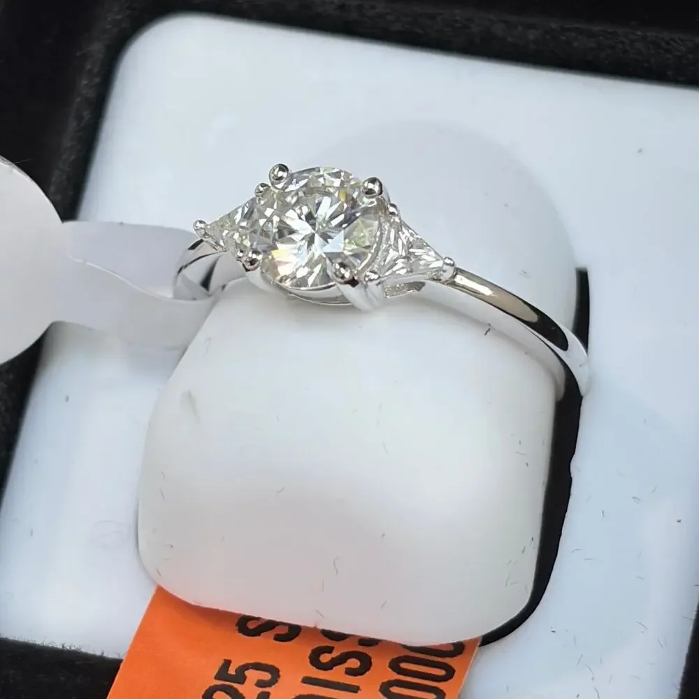 Moissanite 3 Stone Ring w/ Trillion Accents 925 Sterling Silver Size 7 NIB
